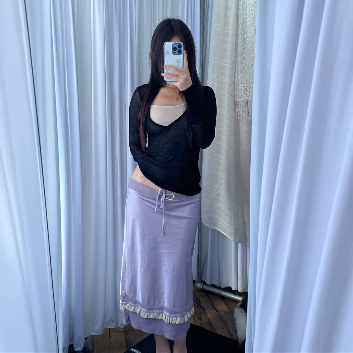 Lilac Danza Beige Frill Lace Hem Midi Skirt