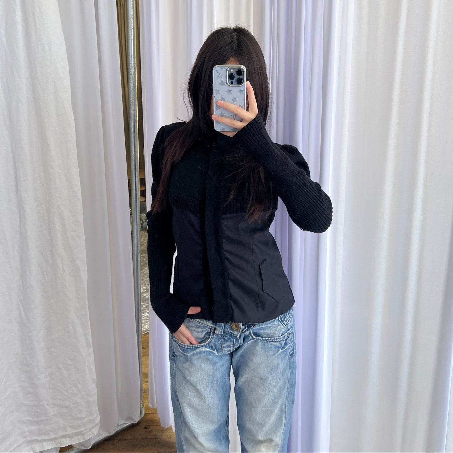 Nell & Me Black Merino Wool Blend Mix Material Blocking Cardigan Jacket