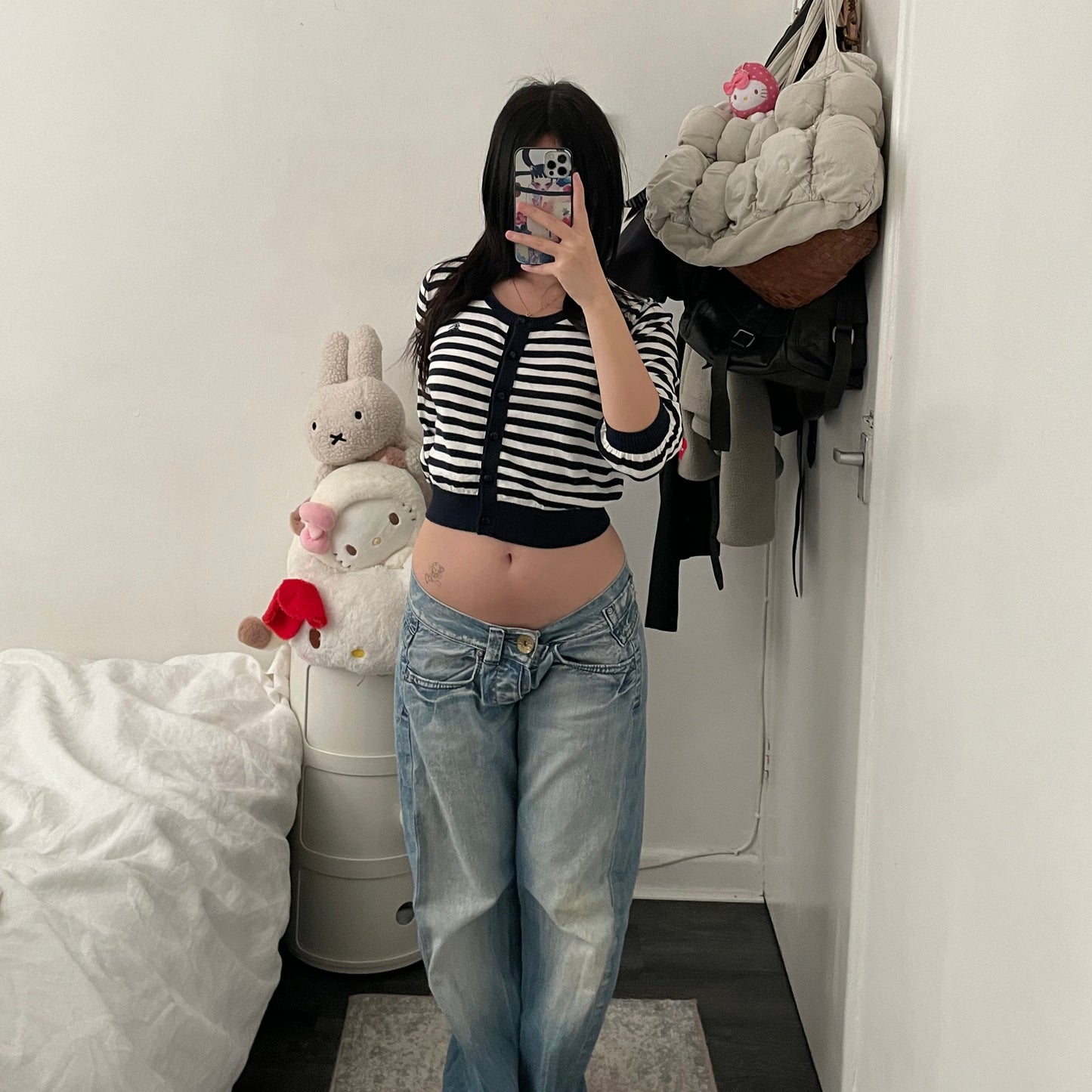 burberry blue label navy white striped puff sleeve crop cardigan