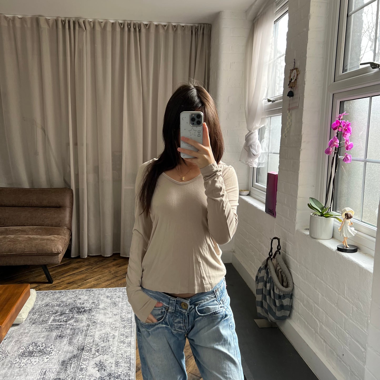 cop copine utility beige mix knit long sleeve hooded long sleeve top