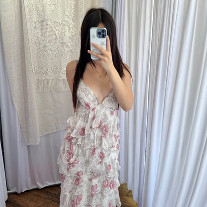 King Kong Ivory Pink Floral Eurosummer Prairie Silk Tiered Ruffle Midi Dress