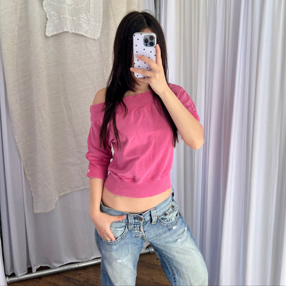Miss Sixty Hot Pink Large Silver Button Off The Shoulder Half Sleeve Jersey Top
