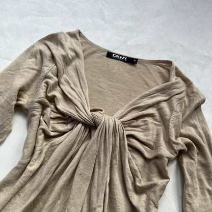 DKNY Beige Brown Cotton Linen Blend Wrap Balloon Hem Knit Tunic