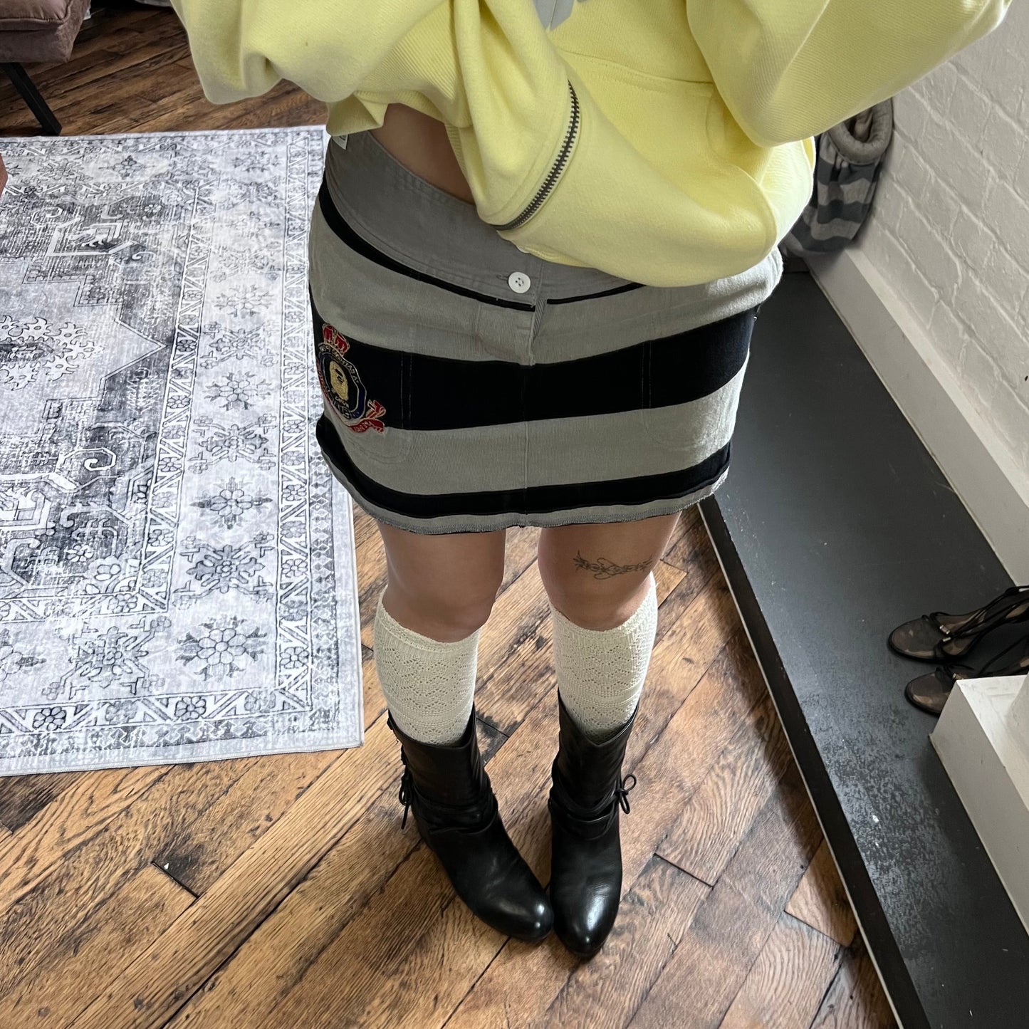 a bathing ape preppy greige black bape patch striped polo style mini skirt