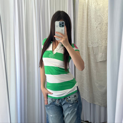 White Green Striped Hot Pink Logo V Neck Polo Shirt