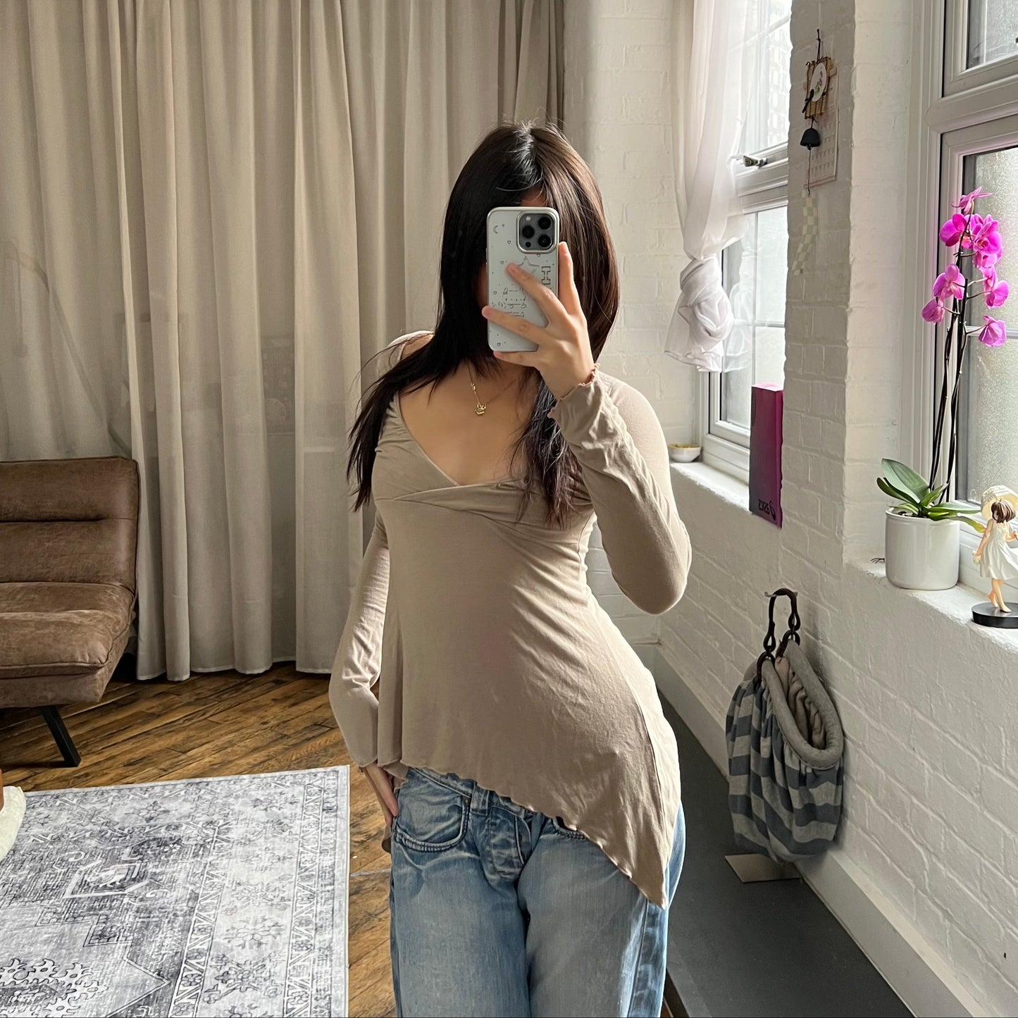 speccio beige balletcore wrap style asymmetric hem long sleeve shirt