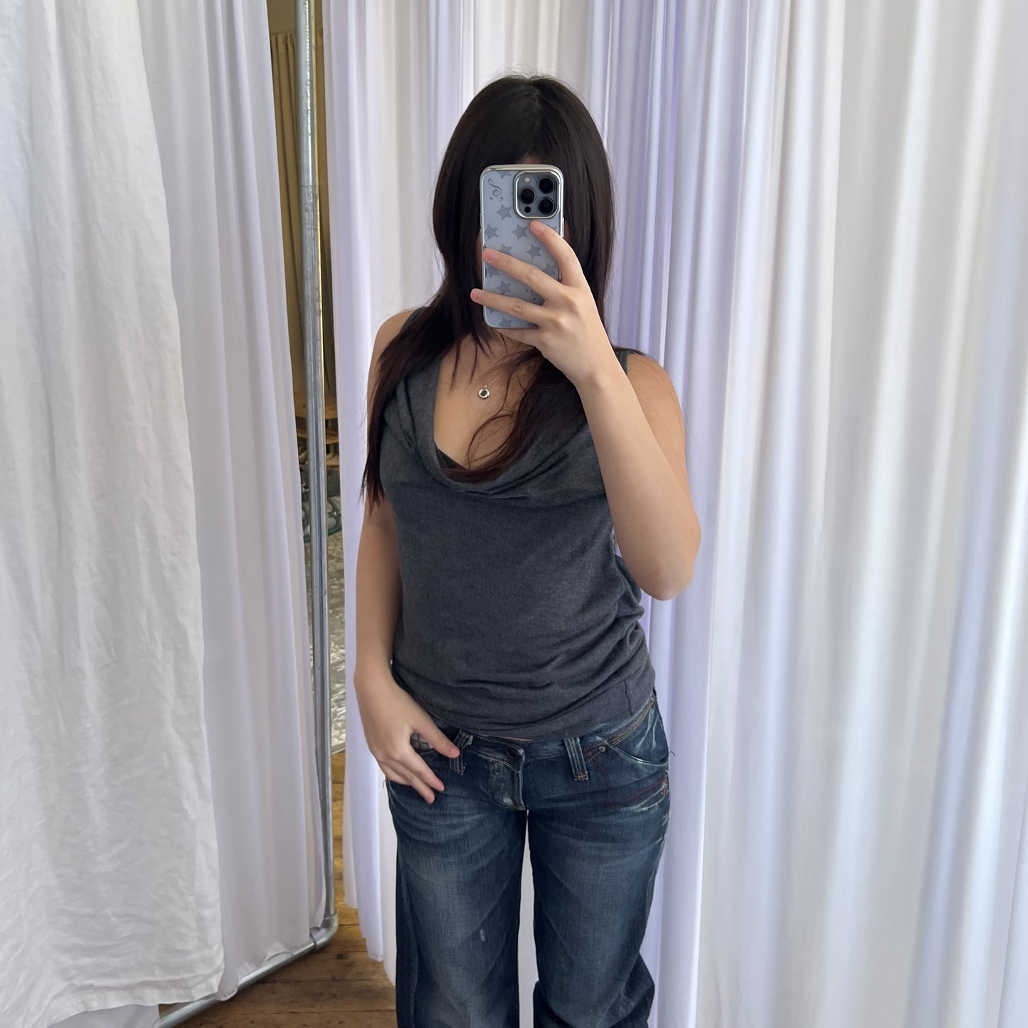 Cache Cache Grey Lace Back Draped Cowl Neck Sleeveless Top