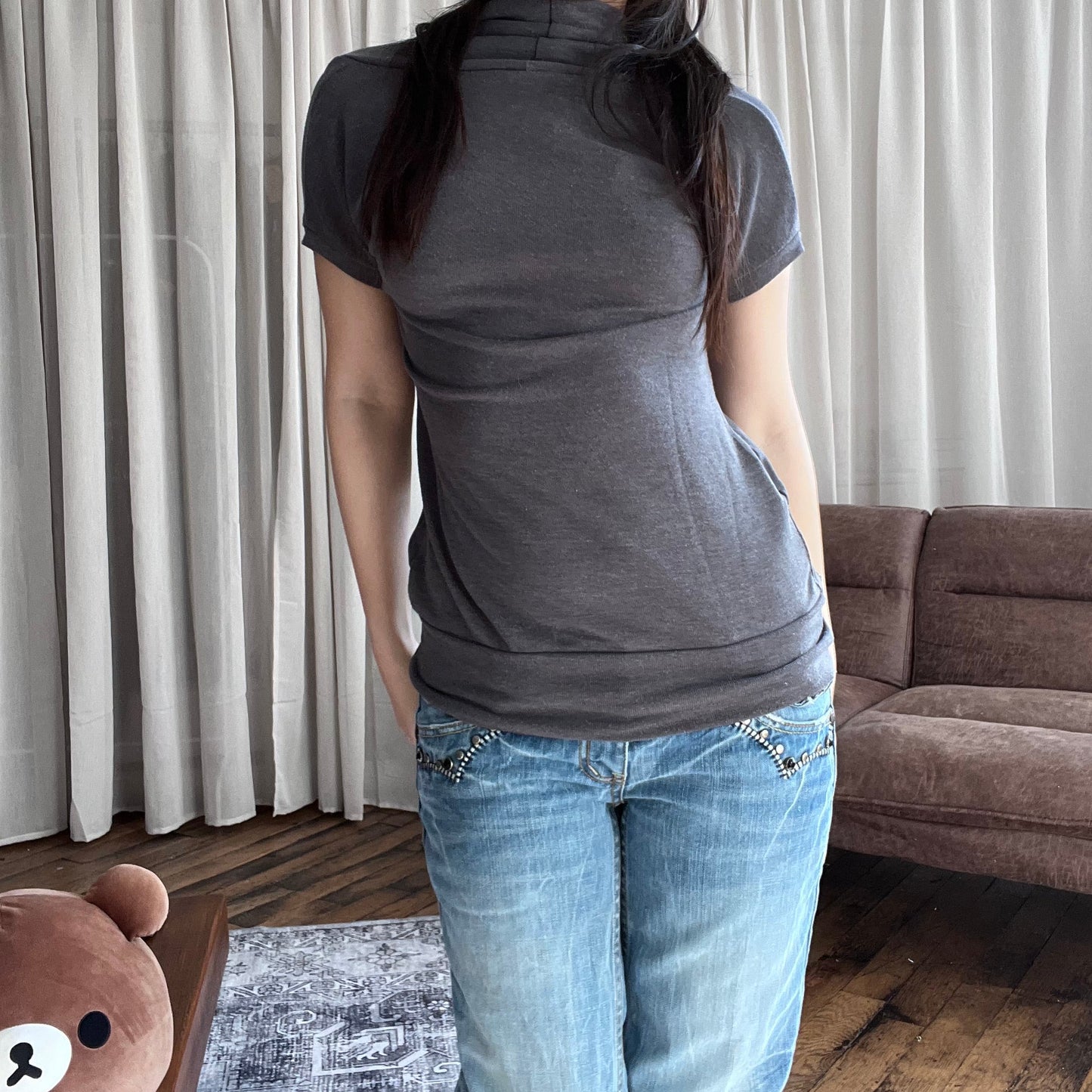 PDK Faded Purple Grey Neck Draped Short Sleeve Sweatshirt