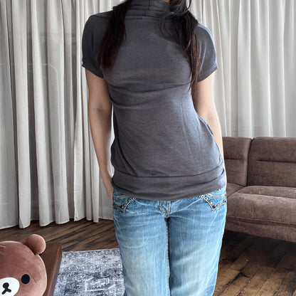 PDK Faded Purple Grey Neck Draped Short Sleeve Sweatshirt