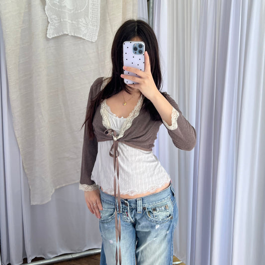 Rosapois Brown Ribbed Knit Lace Trim Crop Bolero Cardigan Top