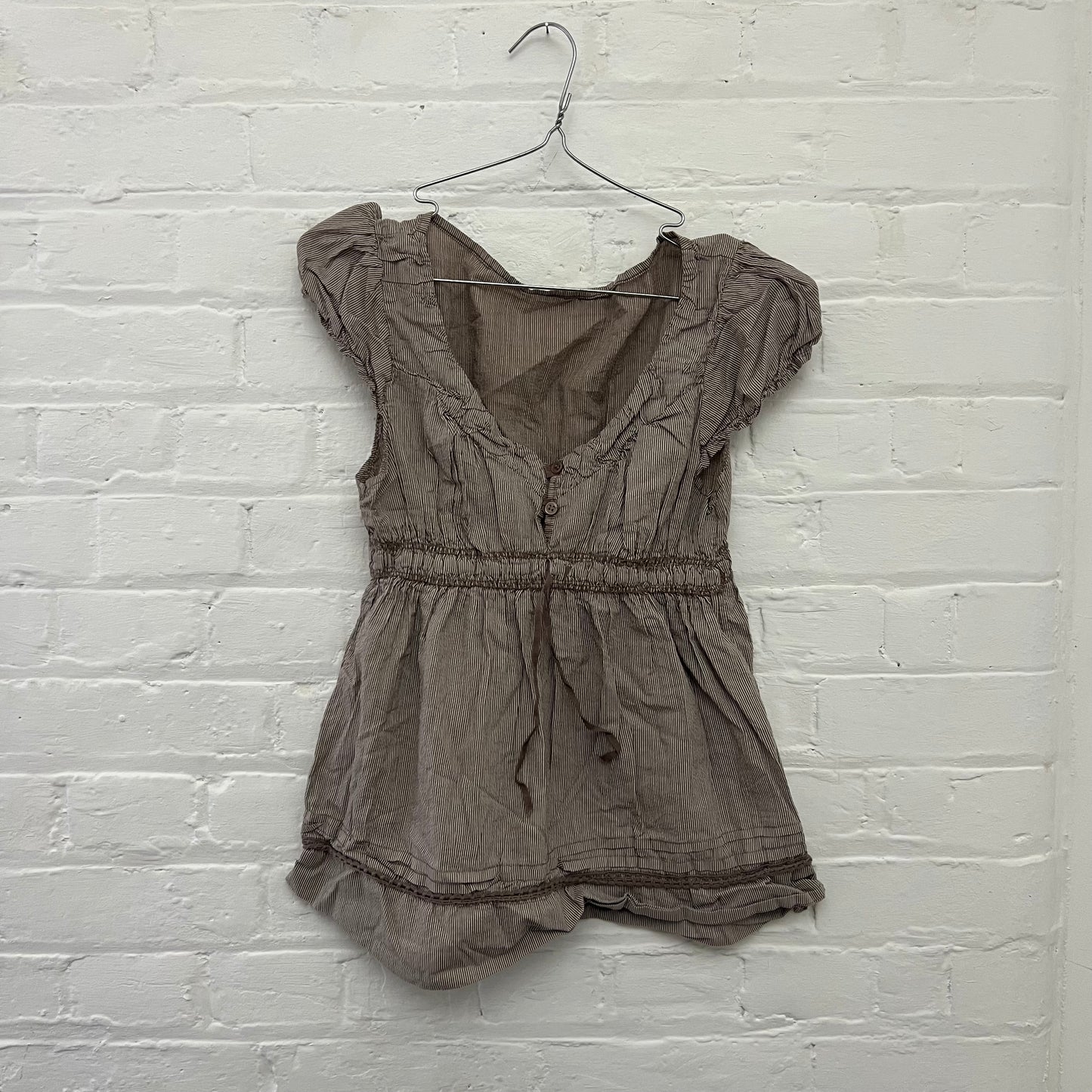 Brown Striped Puff Sleeve Ruched Bust Milkmaid Style Babydoll Blouse