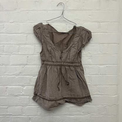 Brown Striped Puff Sleeve Ruched Bust Milkmaid Style Babydoll Blouse