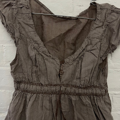 Brown Striped Puff Sleeve Ruched Bust Milkmaid Style Babydoll Blouse