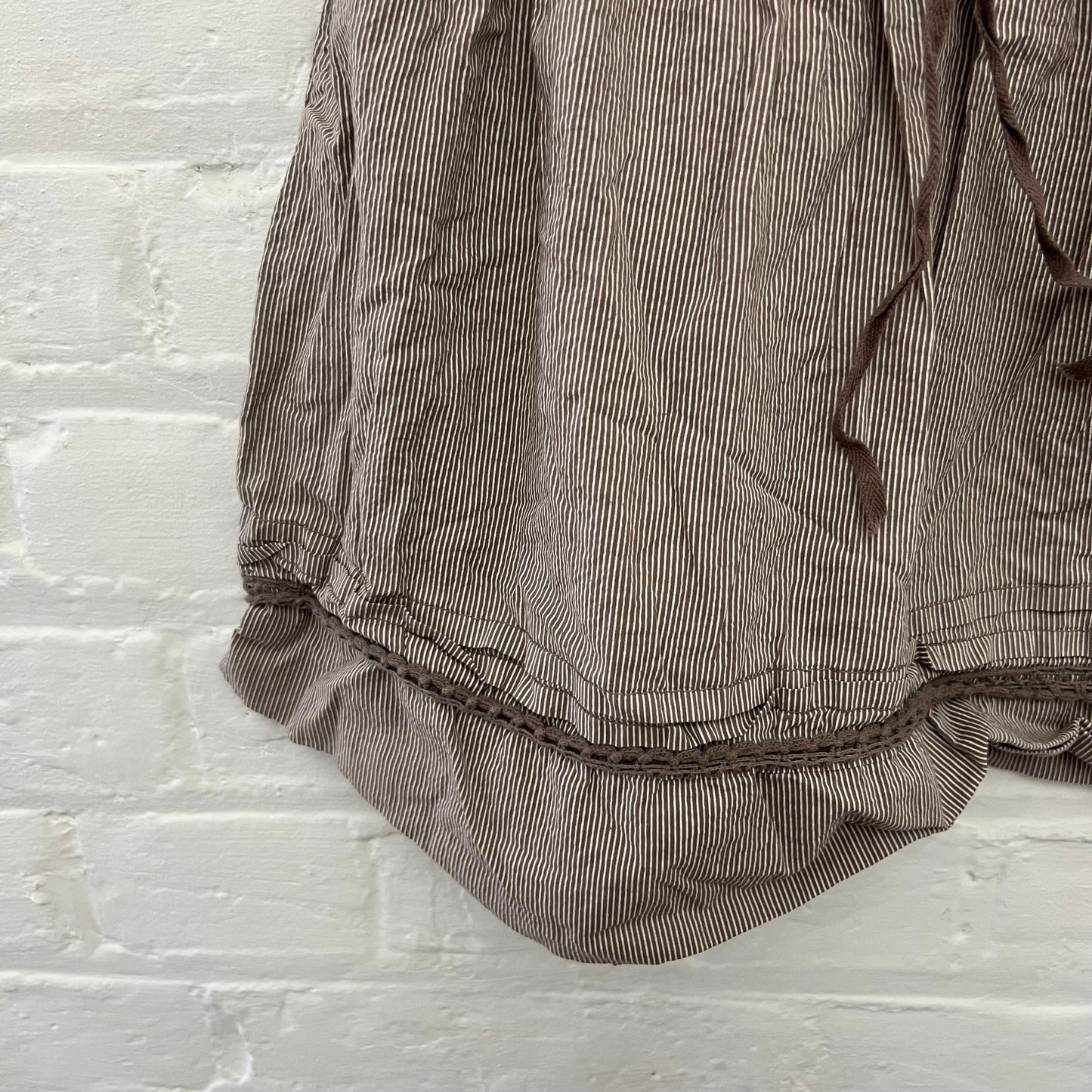 Brown Striped Puff Sleeve Ruched Bust Milkmaid Style Babydoll Blouse