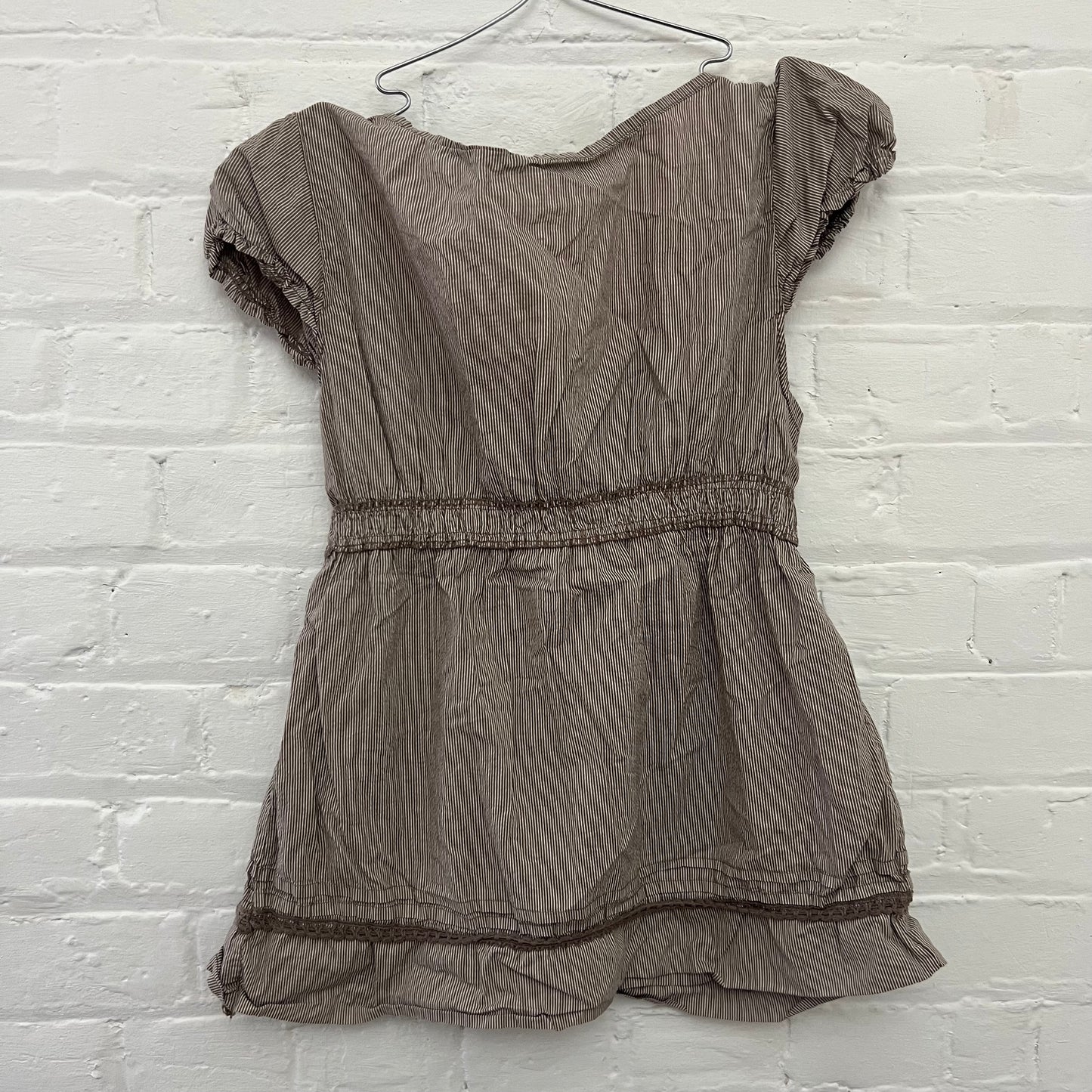 Brown Striped Puff Sleeve Ruched Bust Milkmaid Style Babydoll Blouse