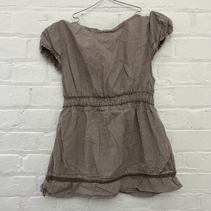 Brown Striped Puff Sleeve Ruched Bust Milkmaid Style Babydoll Blouse