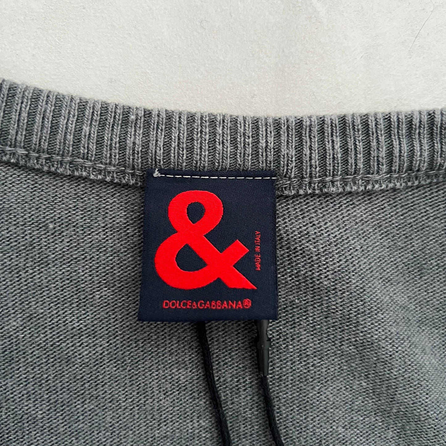 Faded Grey Dolce & Gabanna Wool Blend V Neck Graphic Knit Pullover Sweater