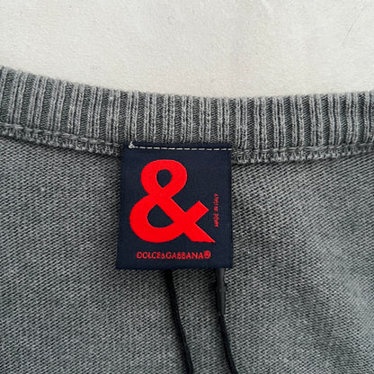 Faded Grey Dolce & Gabanna Wool Blend V Neck Graphic Knit Pullover Sweater