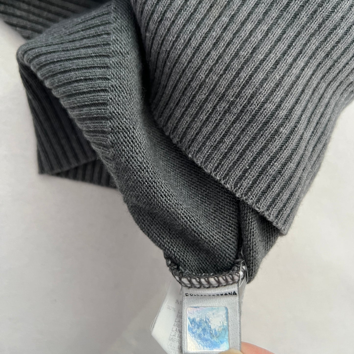 Faded Grey Dolce & Gabanna Wool Blend V Neck Graphic Knit Pullover Sweater