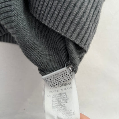 Faded Grey Dolce & Gabanna Wool Blend V Neck Graphic Knit Pullover Sweater