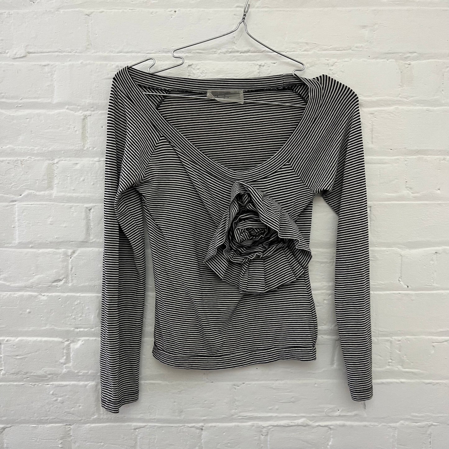 White Black Striped Wide Neck Rosette Detail Long Sleeve Top