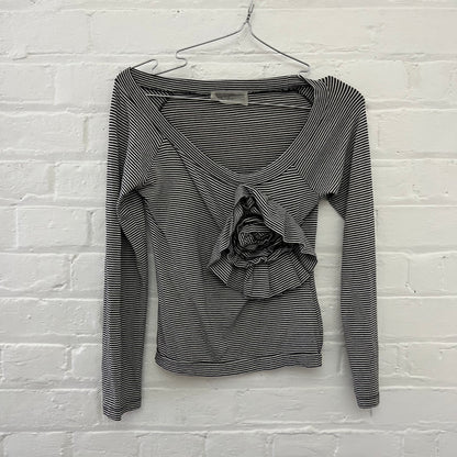 White Black Striped Wide Neck Rosette Detail Long Sleeve Top