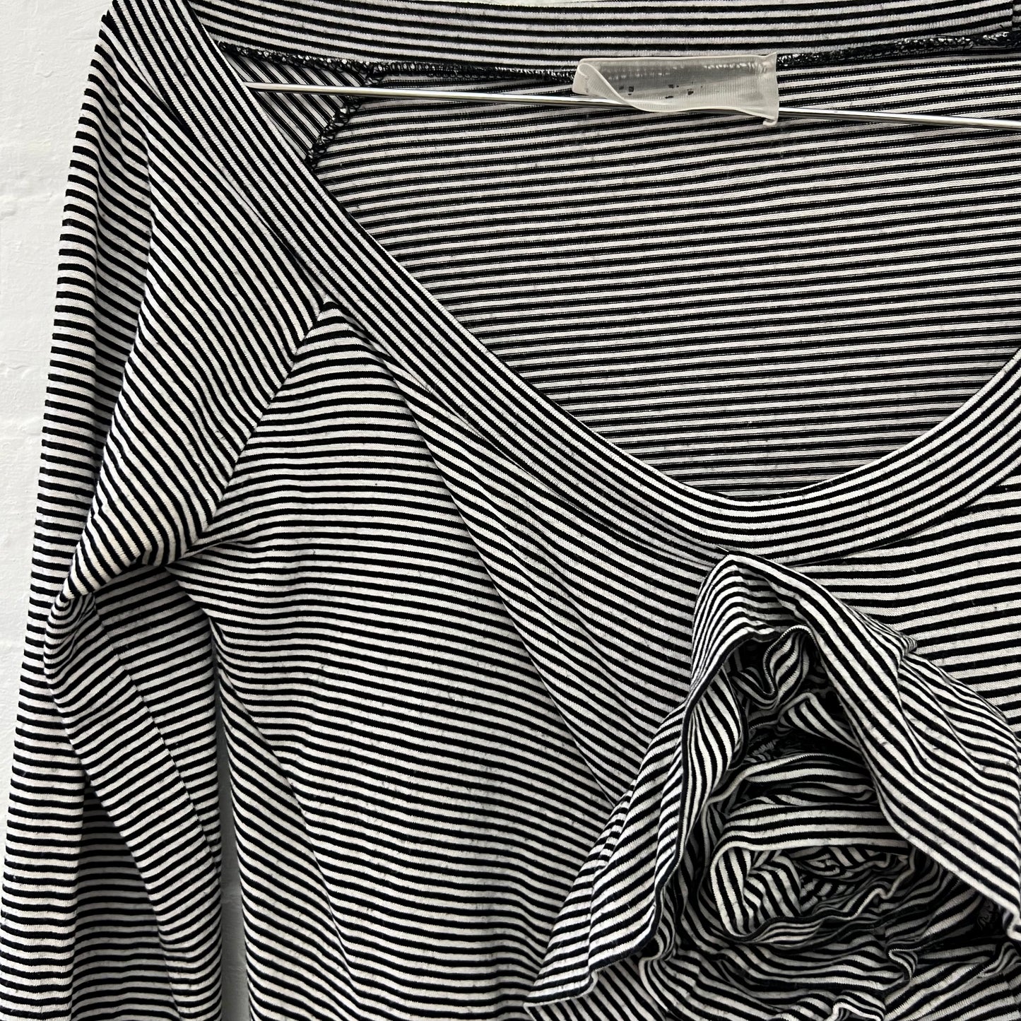 White Black Striped Wide Neck Rosette Detail Long Sleeve Top