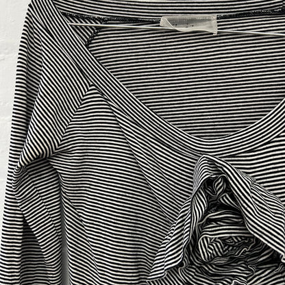 White Black Striped Wide Neck Rosette Detail Long Sleeve Top