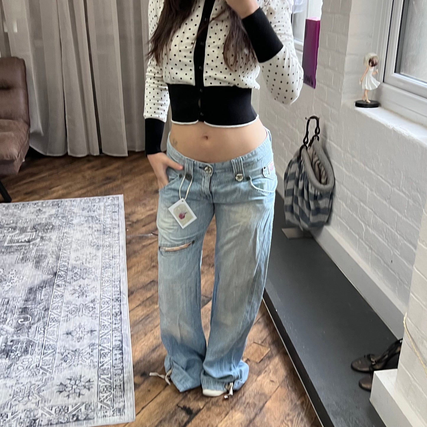 replay light wash denim baggy straight leg faux rip adjustable cinched hem jeans