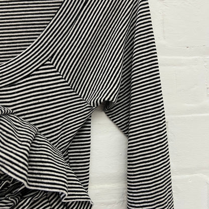 White Black Striped Wide Neck Rosette Detail Long Sleeve Top