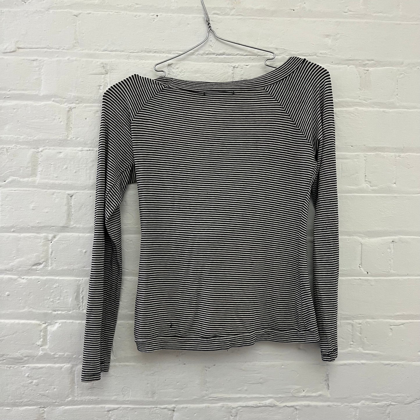 White Black Striped Wide Neck Rosette Detail Long Sleeve Top