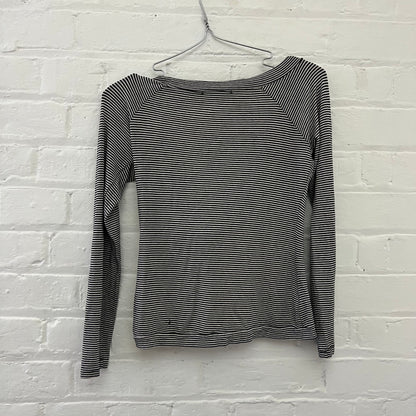 White Black Striped Wide Neck Rosette Detail Long Sleeve Top