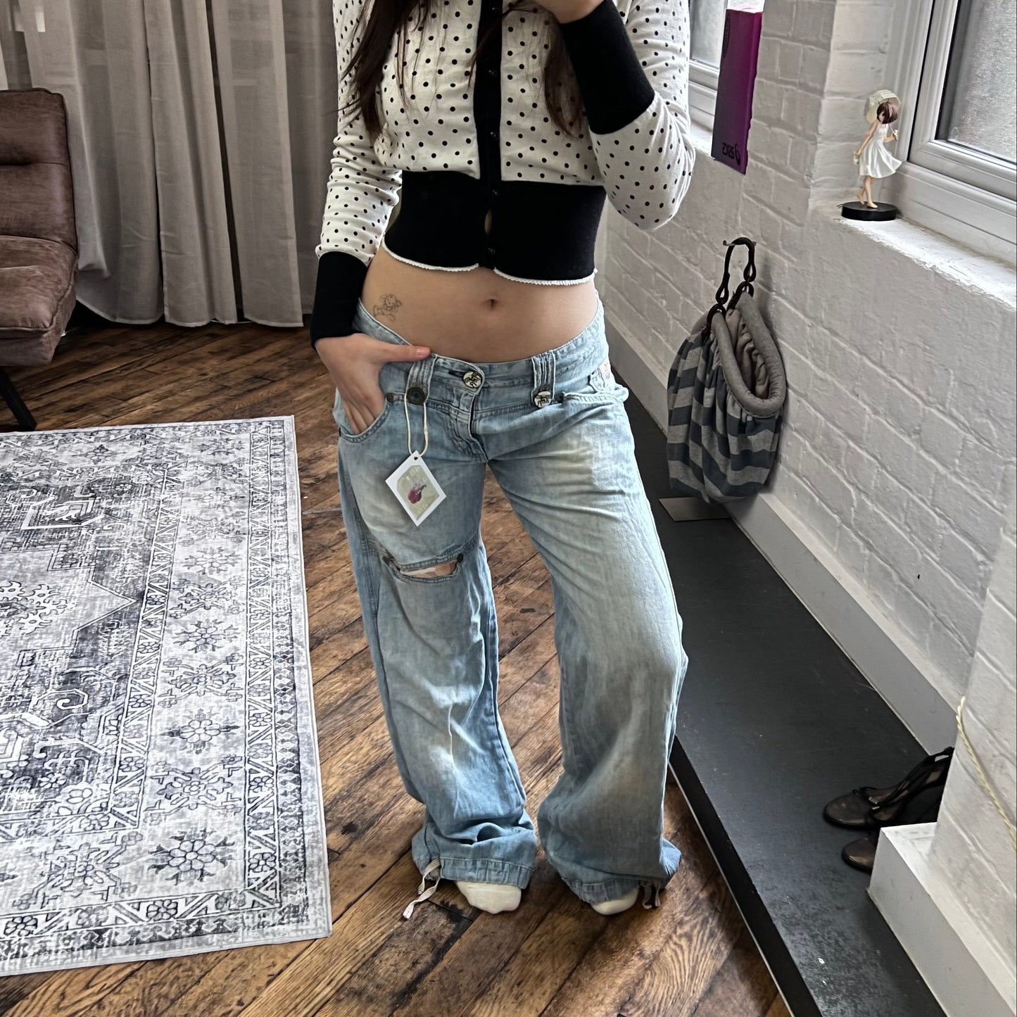 replay light wash denim baggy straight leg faux rip adjustable cinched hem jeans