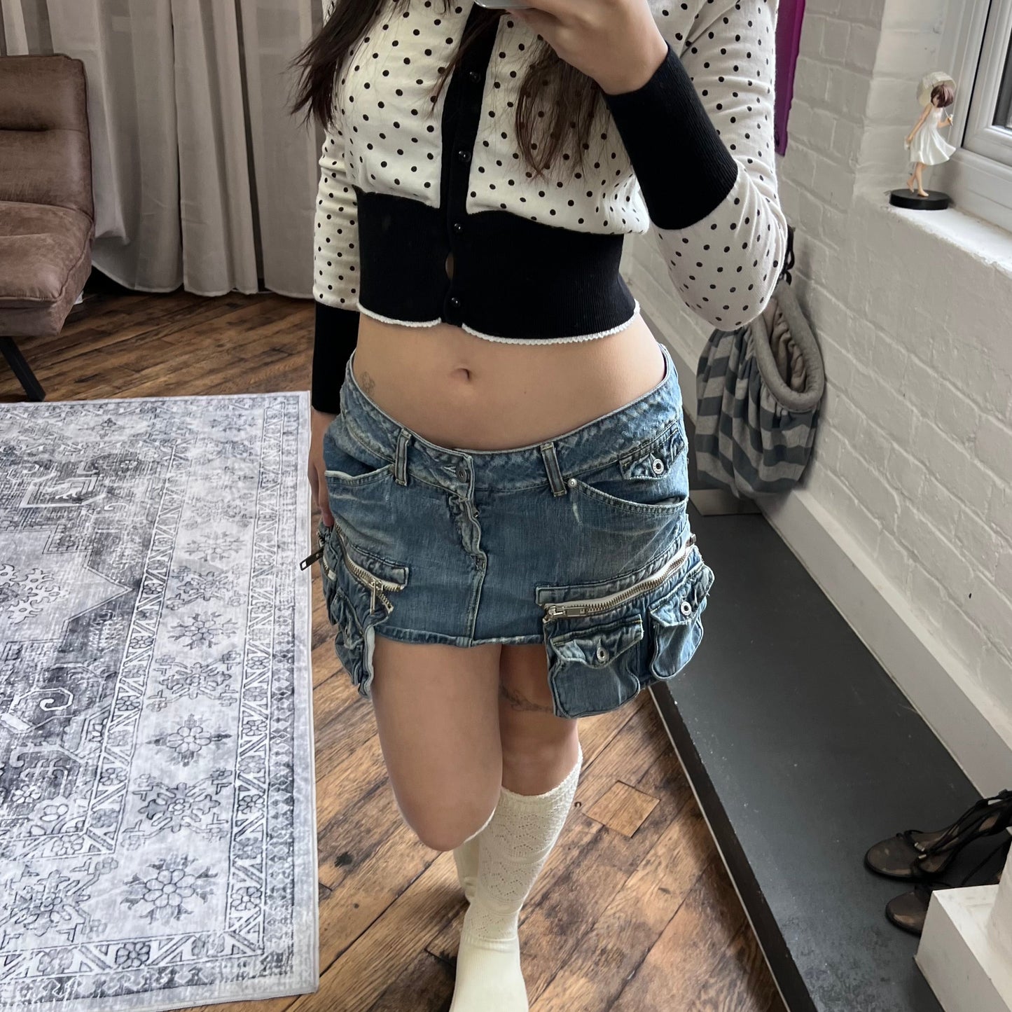 baci denim light wash utility deconstructed hanging zip pocket cargo denim mini skirt