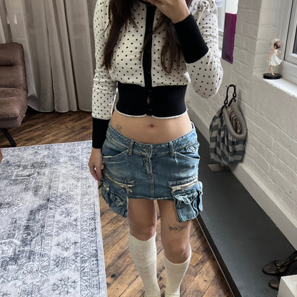 baci denim light wash utility deconstructed hanging zip pocket cargo denim mini skirt