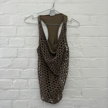 Paola Frani Khaki Brown Perforated Hole Draped Layered Tunic Vest Top