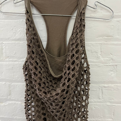 Paola Frani Khaki Brown Perforated Hole Draped Layered Tunic Vest Top