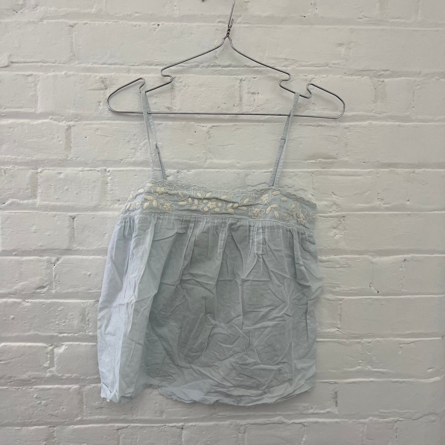 Naf Naf Light Blue Cream Embroidery Trim Square Neck Camisole