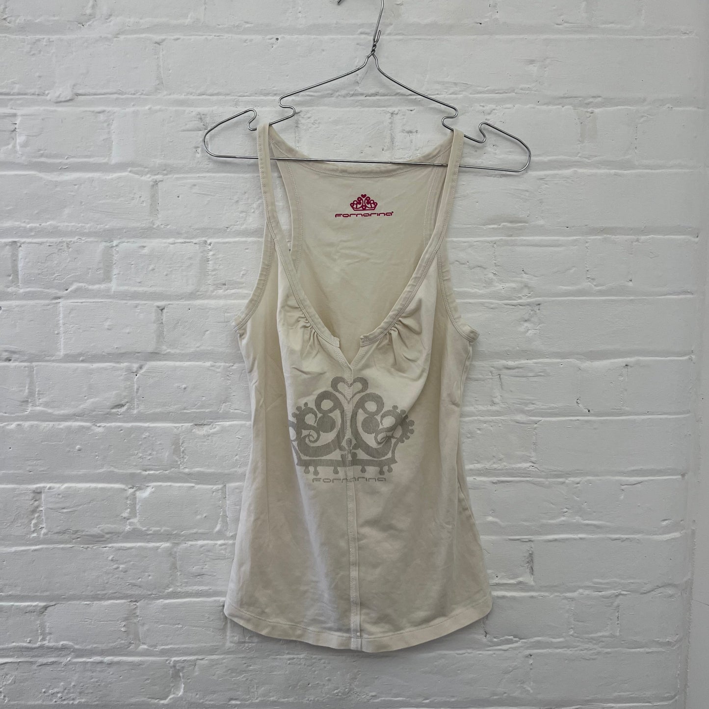 Fornarina Off White Grey Striped Crown Print Ruched Bust Tank Top