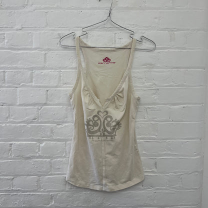 Fornarina Off White Grey Striped Crown Print Ruched Bust Tank Top
