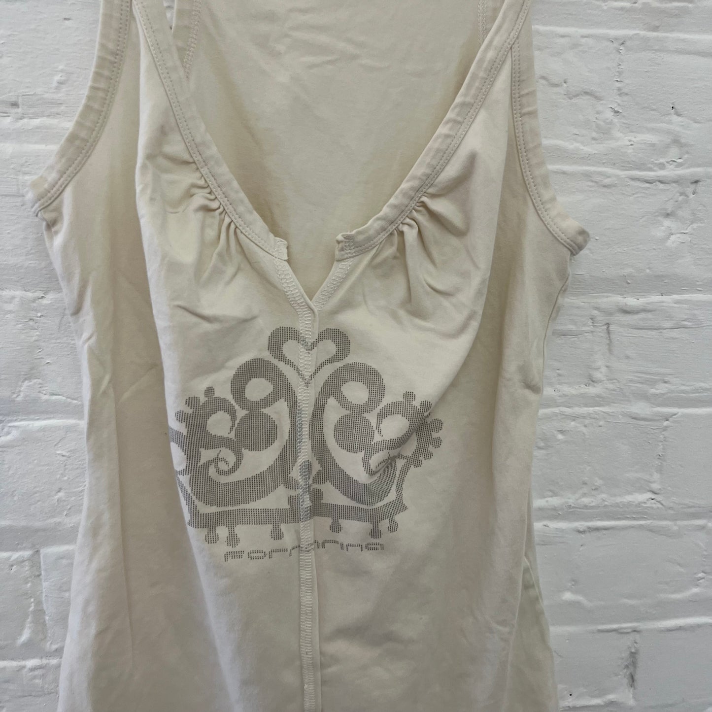 Fornarina Off White Grey Striped Crown Print Ruched Bust Tank Top