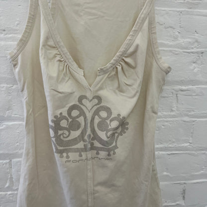 Fornarina Off White Grey Striped Crown Print Ruched Bust Tank Top