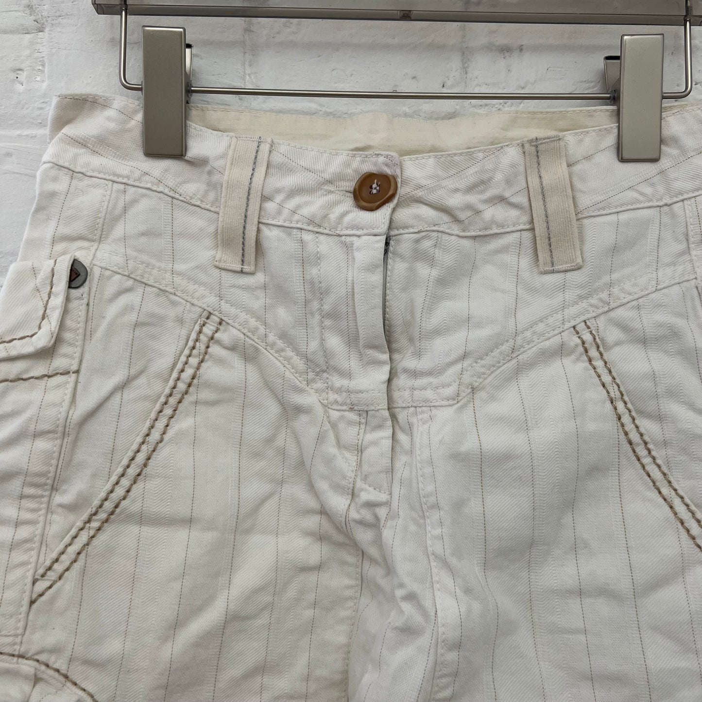 Marithe Francois Girbaud White Beige Striped Ruffle Flare Hem Denim Midi Skirt