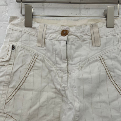 Marithe Francois Girbaud White Beige Striped Ruffle Flare Hem Denim Midi Skirt