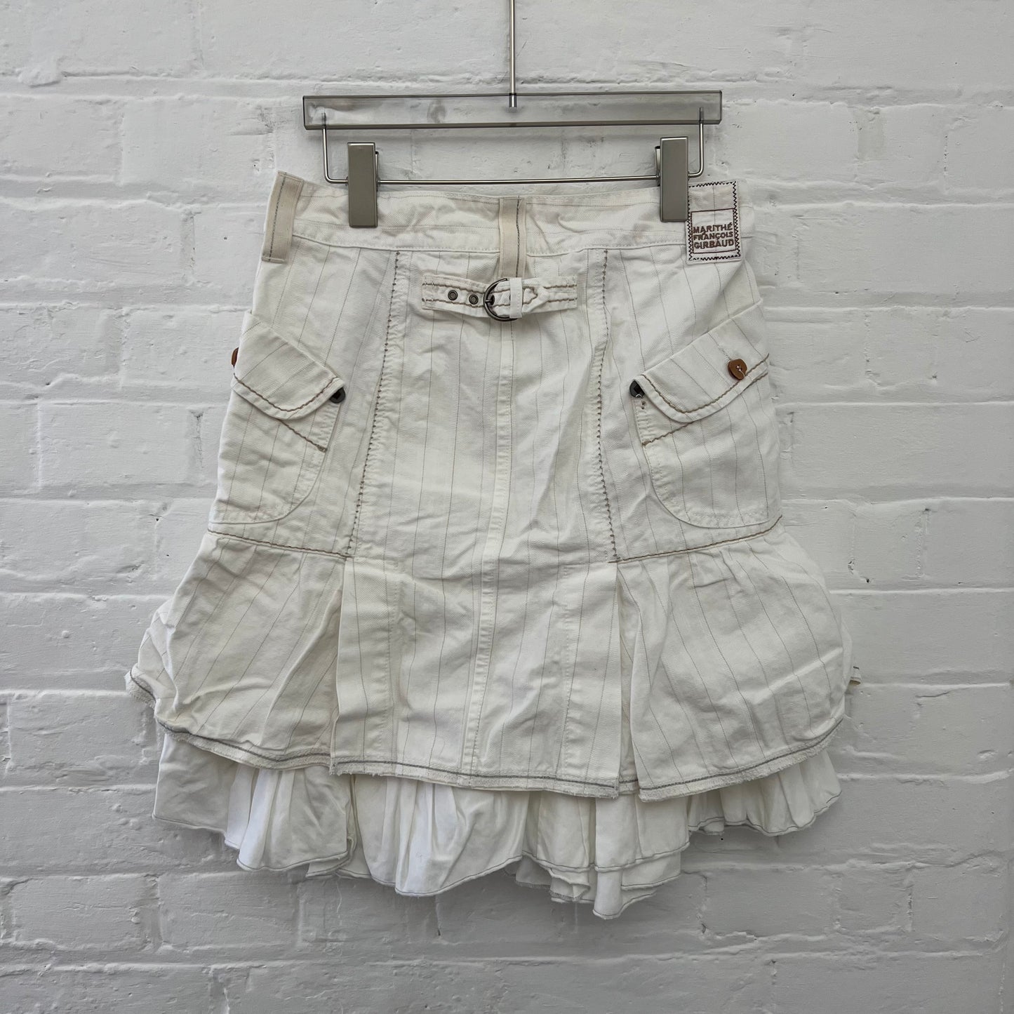 Marithe Francois Girbaud White Beige Striped Ruffle Flare Hem Denim Midi Skirt