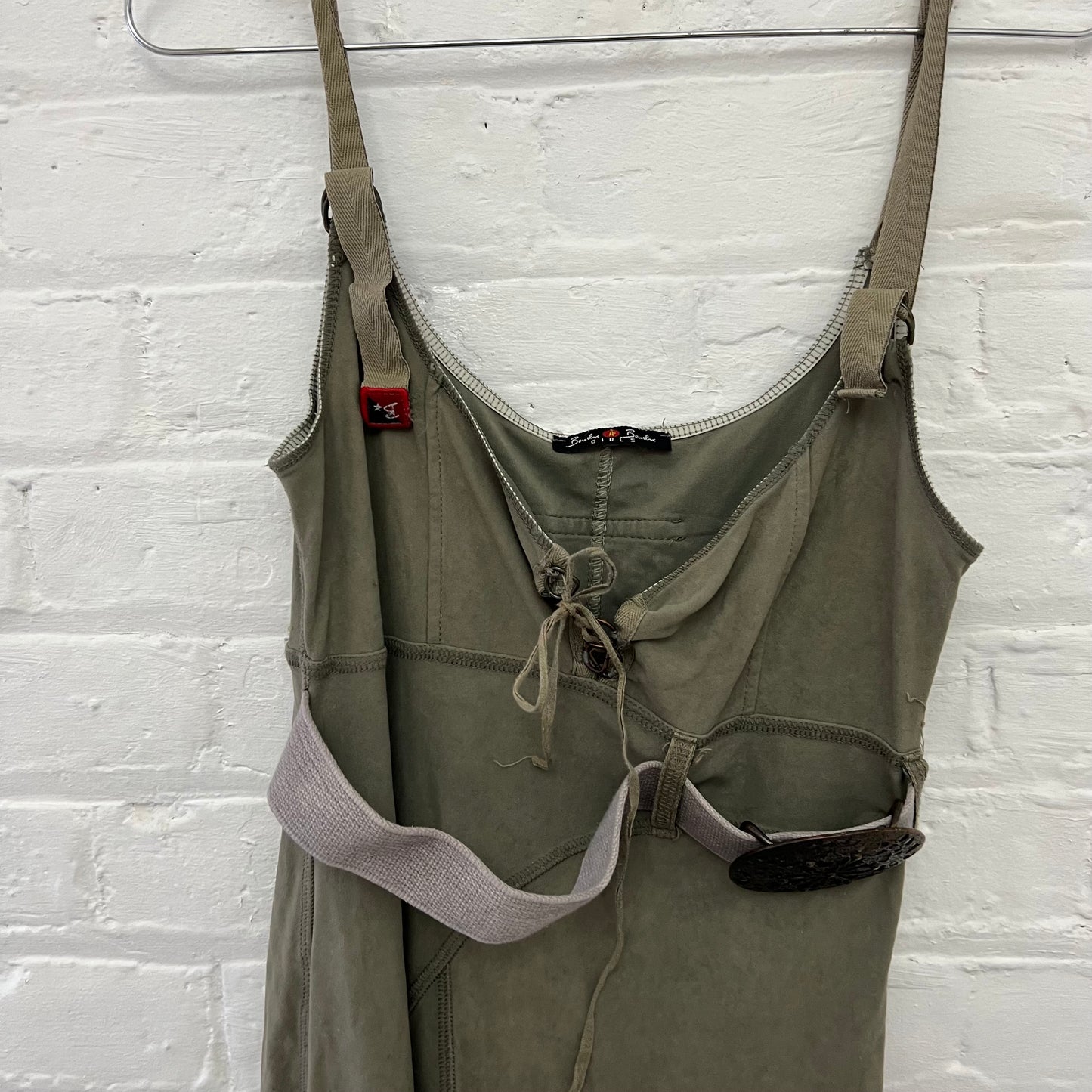 Bouche a Bouche Khaki Faux Suede Lace Up Ornate Filgament Belt Fitted Midi Dress