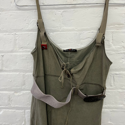 Bouche a Bouche Khaki Faux Suede Lace Up Ornate Filgament Belt Fitted Midi Dress