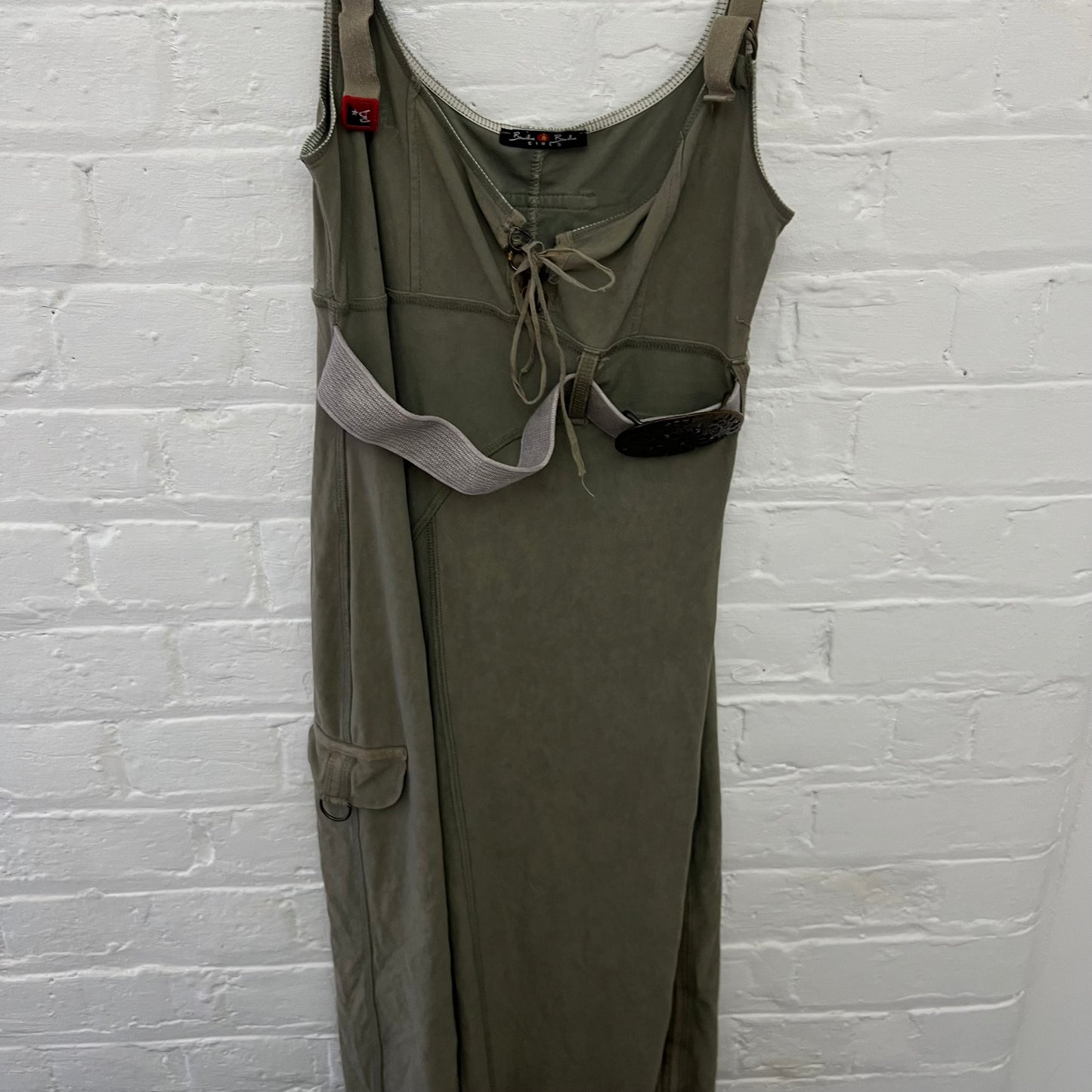 Bouche a Bouche Khaki Faux Suede Lace Up Ornate Filgament Belt Fitted Midi Dress