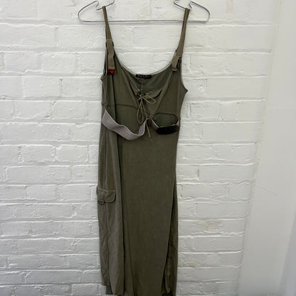 Bouche a Bouche Khaki Faux Suede Lace Up Ornate Filgament Belt Fitted Midi Dress
