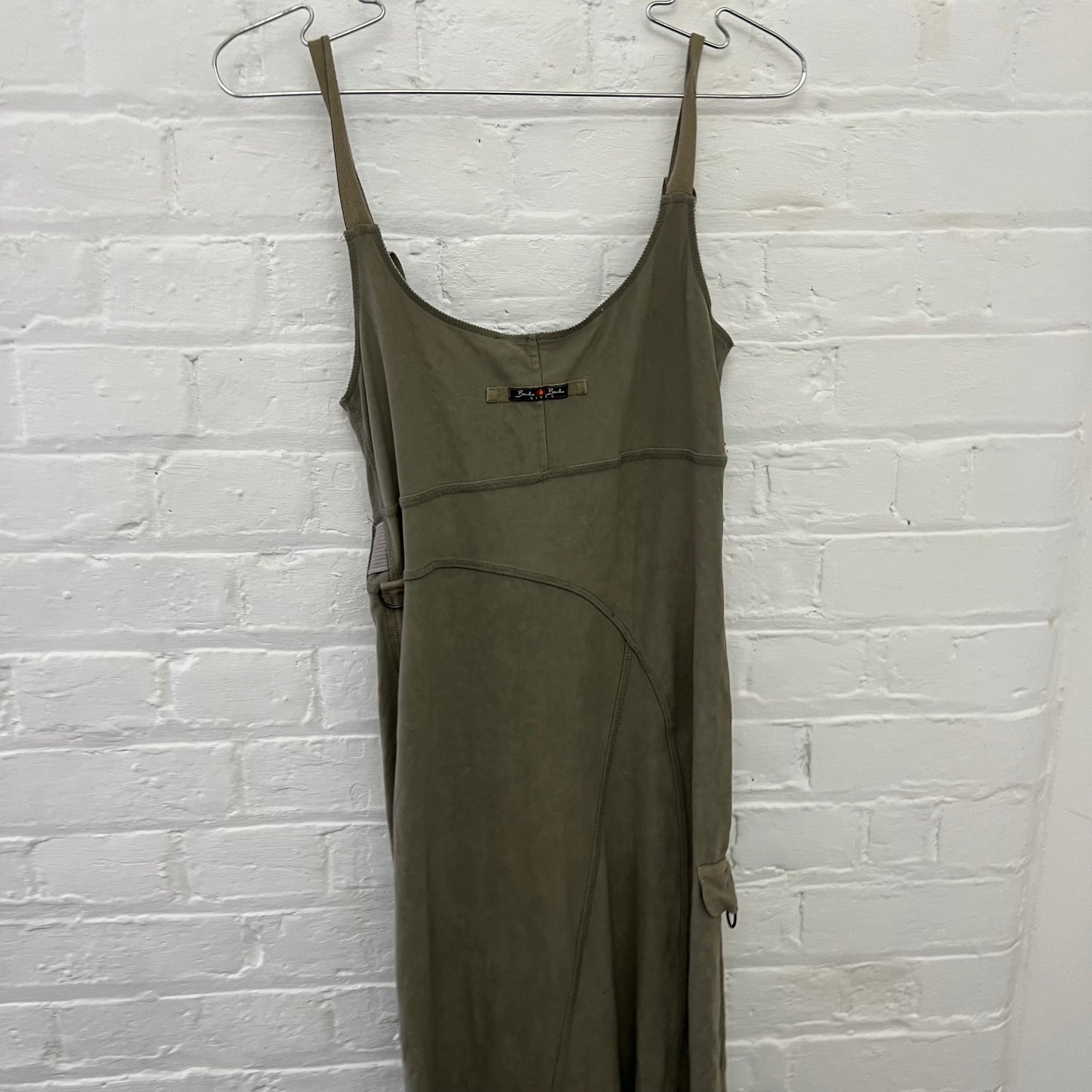 Bouche a Bouche Khaki Faux Suede Lace Up Ornate Filgament Belt Fitted Midi Dress